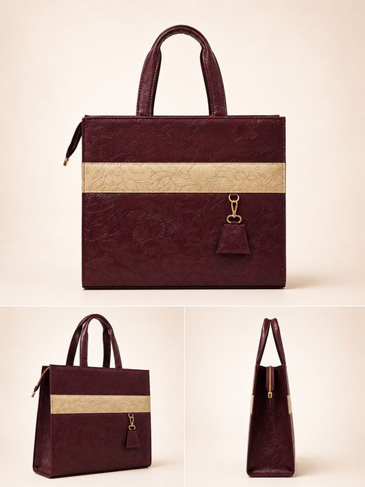 Burgundy & Biege Floral Tote